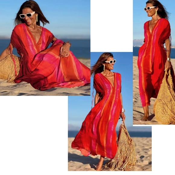 Zara red pink tie-dye BoHo V-neck midi dress Sz M tropical beach vacation NWOT - Picture 2 of 16